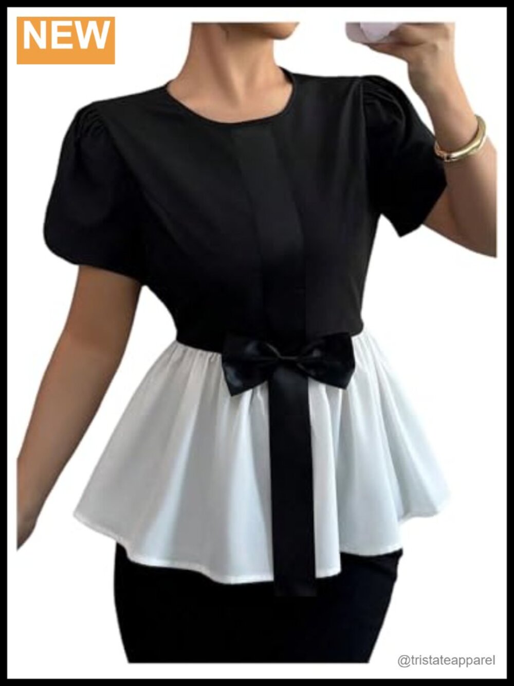 Womens Peplum Blouse Ruffle Bow Detail Crew Neck Short Sleeve Color Block Top